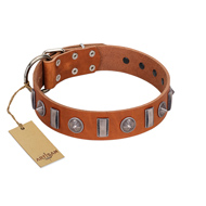 "Luxurious Necklace" FDT Artisan Tan Leather Black Russian Terrier Collar with Silver-Like Adornments
