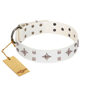 "The Milky Way" FDT Artisan White Leather Black Russian Terrier Collar Adorned with Stars and Tiny Squares