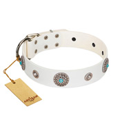 "Lush Life" Designer Handcrafted FDT Artisan White Leather Black Russian Terrier Collar with Blue Stones