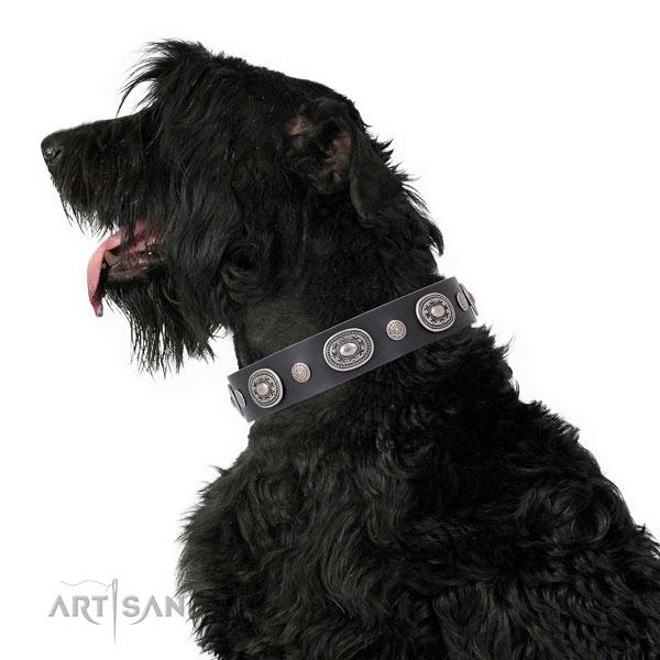 Reliable buckle and D-ring on genuine leather dog collar for daily use