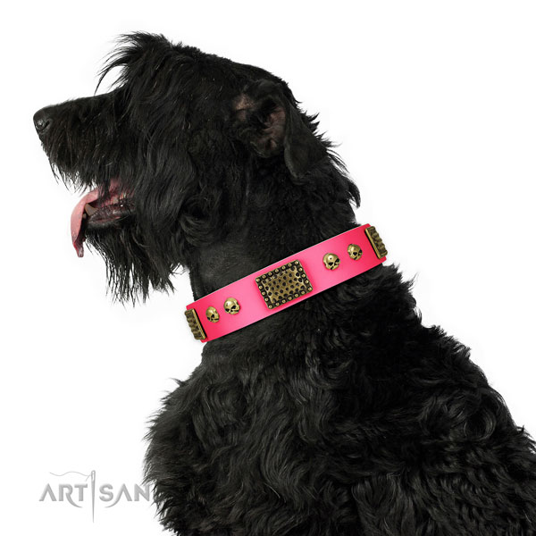 Strong hardware on full grain natural leather dog collar for everyday walking