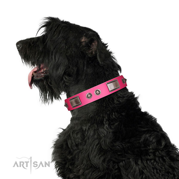 Easy wearing full grain genuine leather dog collar with decorations