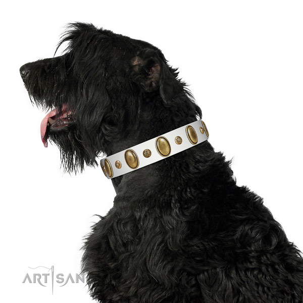 Handy use flexible genuine leather dog collar with studs