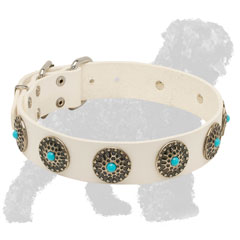 Exclusive White Walking Leather Russian Terrier Collar with Circles and Blue Stones