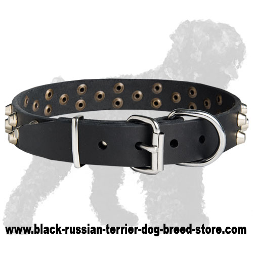 Small pyramids/studs 3 rows leather dog collar - c37