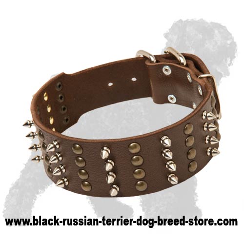 Hand-Decorated Leather Russian Terrier Collar with Spikes and Studs
