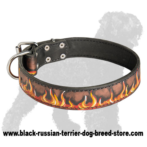 Amazing Painted Bright Leather Russian Terrier Collar with Flames