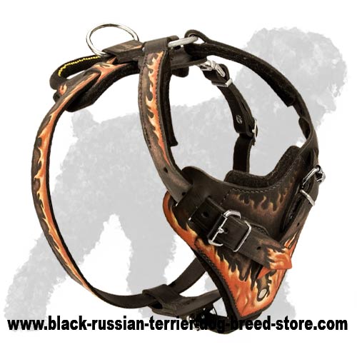 Terrific Hand-Painted Authentic Leather Dog Harness with Bright Flames for Active Russian Terriers