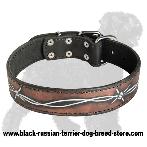 Outstanding Leather Russian Terrier Collar with Barbed Wire Pattern Painted by Professionals