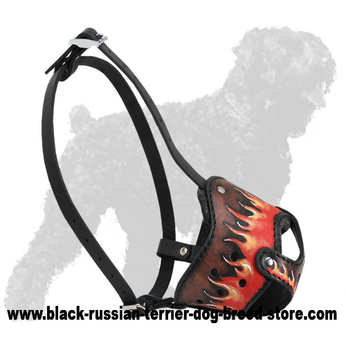 Exclusively Designed Leather Black Russian Terrier Muzzle with Flames