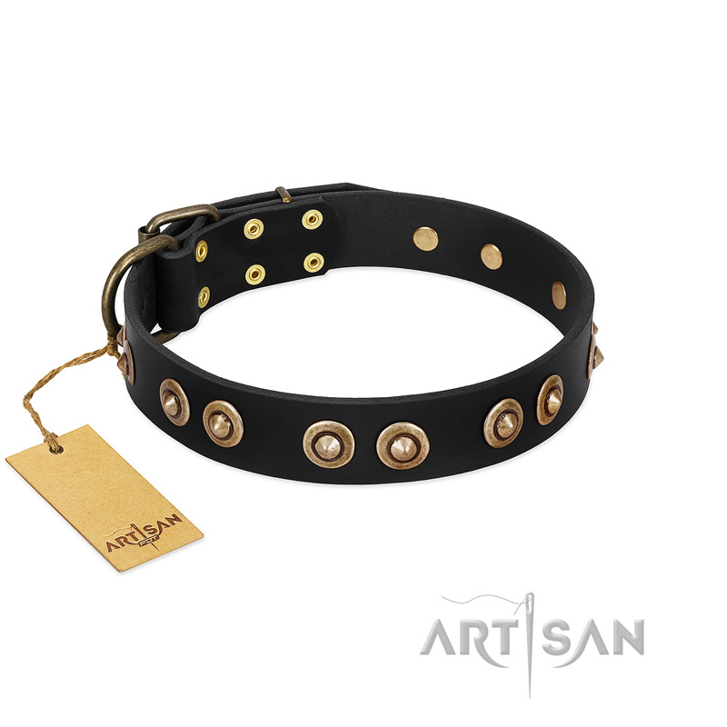 "Golden Artifact" FDT Artisan Black Leather Black Russian Terrier Collar with Old-bronze Covered Medallions