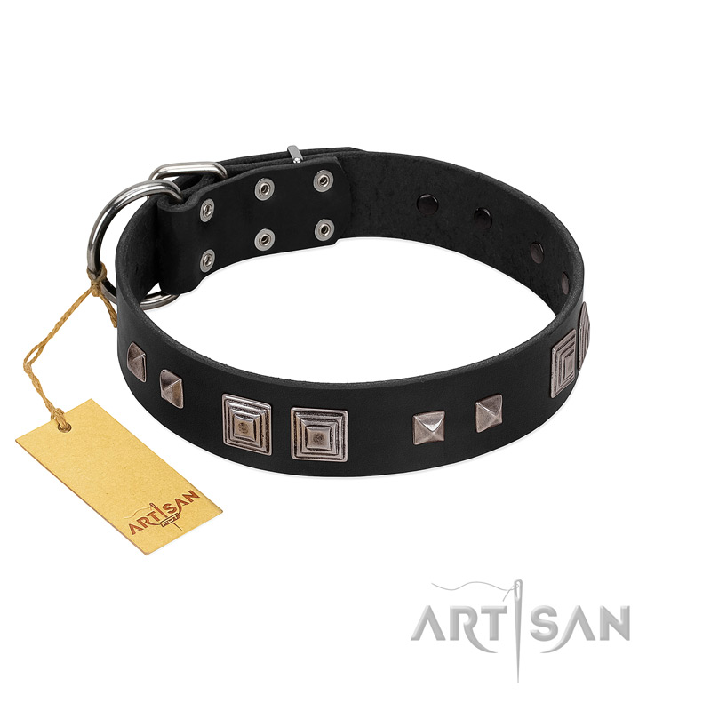 "Foregone Riches" FDT Artisan Black Leather Black Russian Terrier Collar with Old Silver-like Square Studs and Pyramids