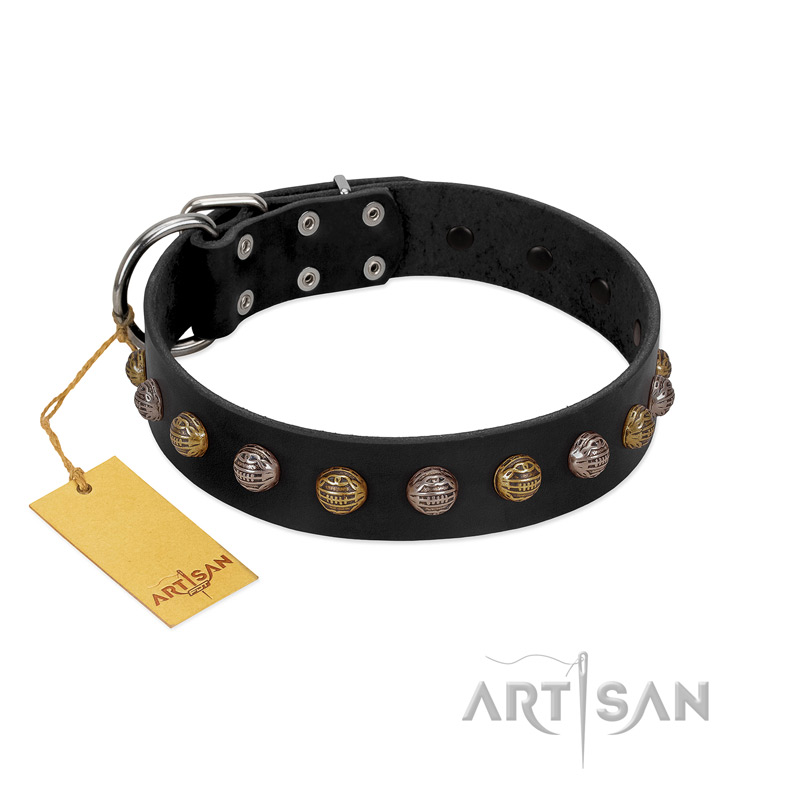 "Inky Prettification" FDT Artisan Black Leather Black Russian Terrier Collar with One Row of Studs