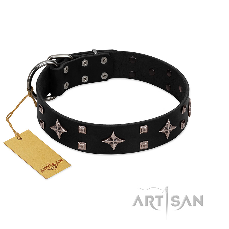 "Snappy Dresser" FDT Artisan Black Leather Black Russian Terrier Collar Adorned with Stars and Tiny Squares