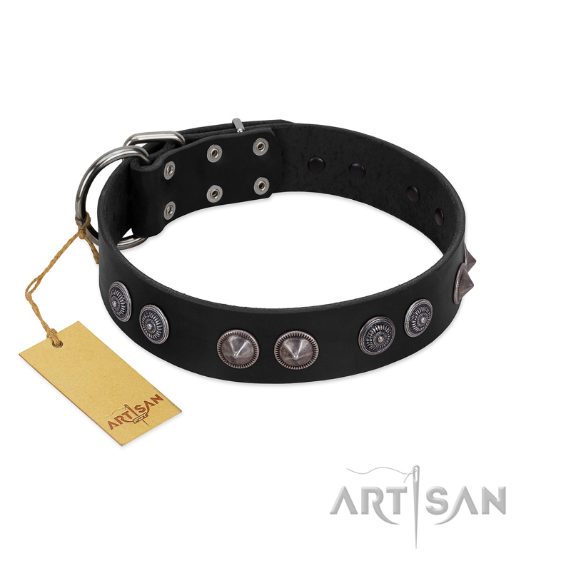 "Silver Medallions" Mod FDT Artisan Black Leather Black Russian Terrier Collar with Round Plates