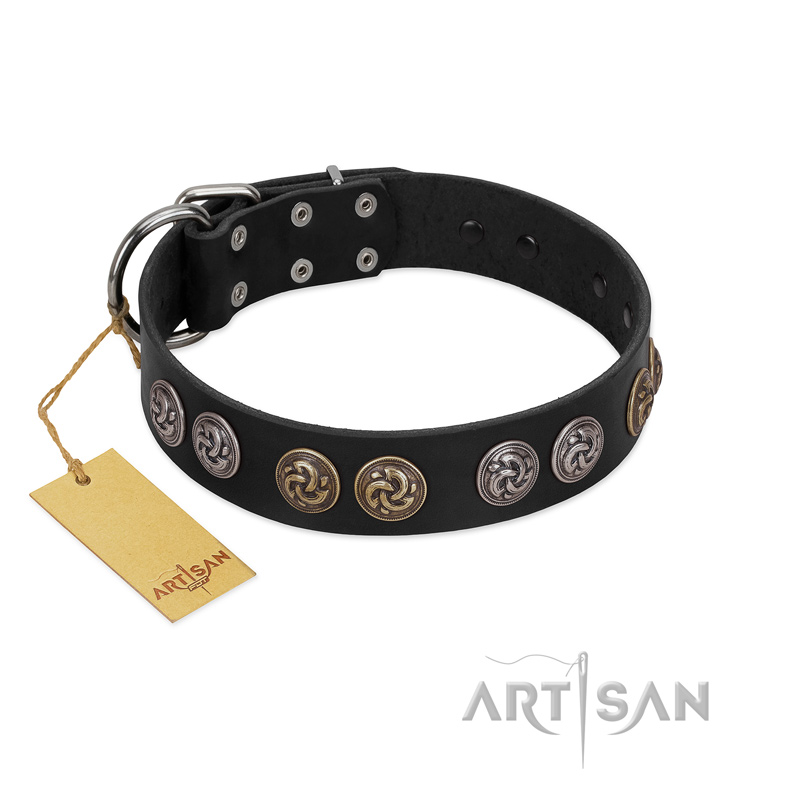 "Mister Exclusive" Designer FDT Artisan Black Leather Black Russian Terrier Collar with Medallions