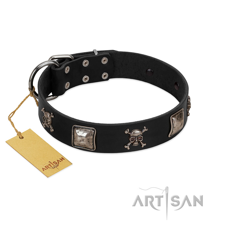 "Sea Rover" Embellished FDT Artisan Black Leather Black Russian Terrier Collar with Chrome Plated Crossbones and Plates