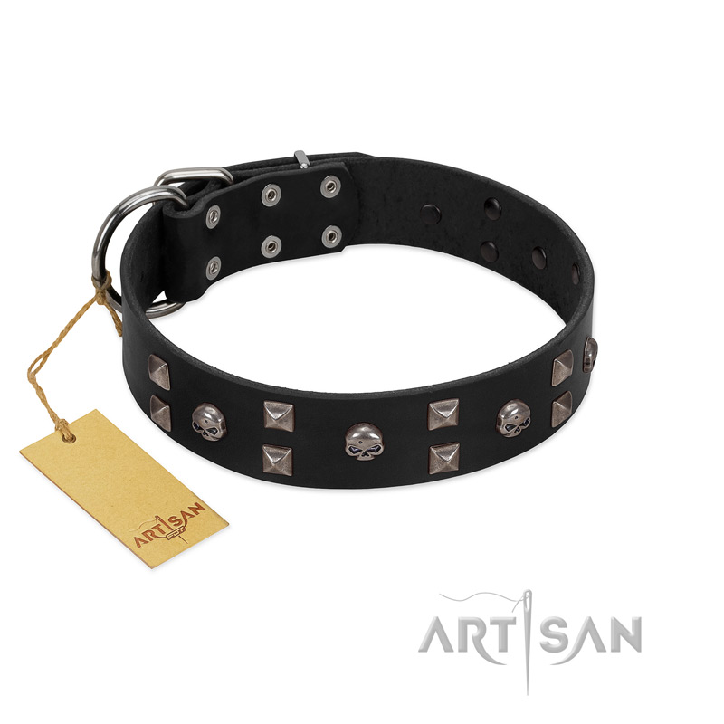 "Fire Eyes" Designer Handmade FDT Artisan Black Leather Black Russian Terrier Collar