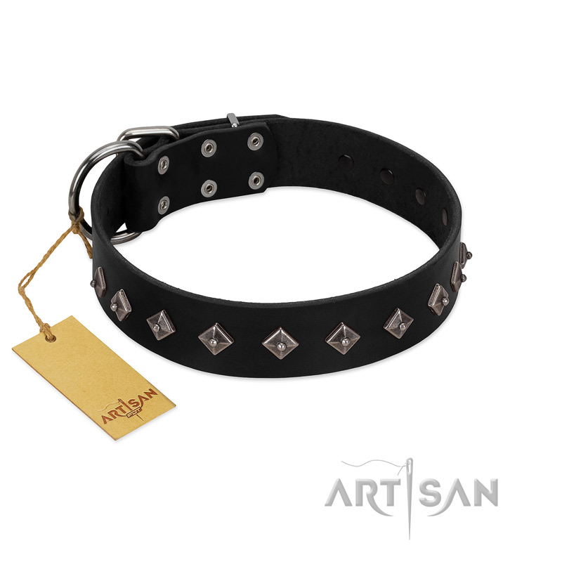 "Immense Power" Handcrafted FDT Artisan Black Leather Black Russian Terrier Collar with Small Dotted Pyramids