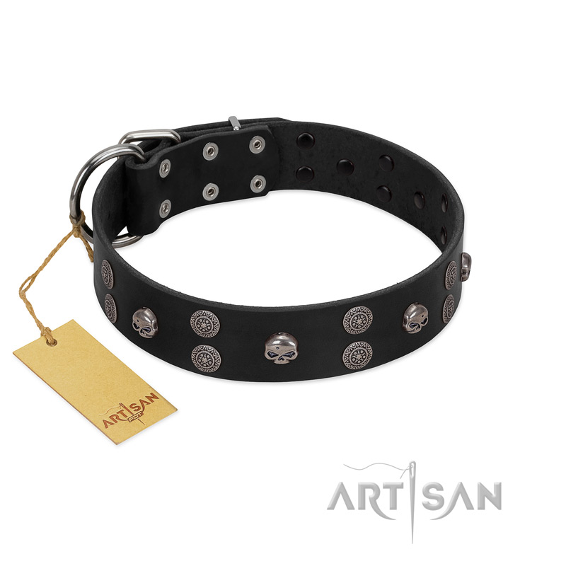 "Skull Art" Designer Handmade FDT Artisan Black Leather Black Russian Terrier Collar with Skulls