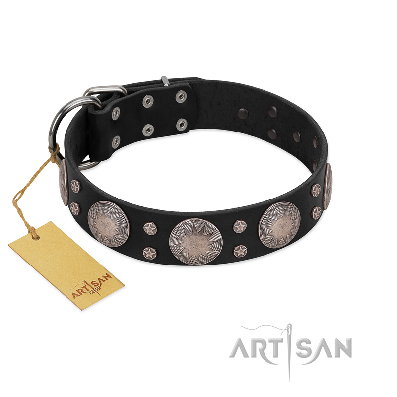"Starry Sky" Trendy FDT Artisan Black Leather Black Russian Terrier Collar with Large Brooches