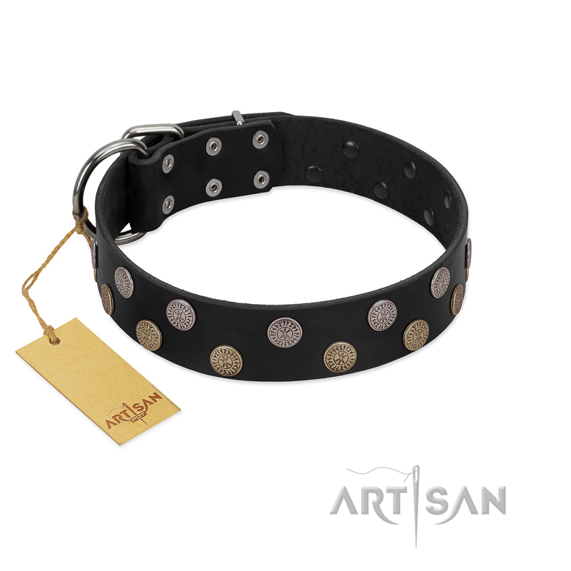 "Egyptian Style" Handcrafted FDT Artisan Black Leather Black Russian Terrier Collar with Medallions
