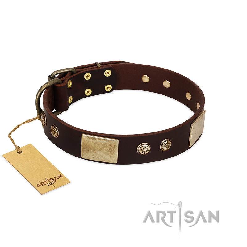 "Middle Age" FDT Artisan Brown Leather Black Russian Terrier Collar with Old Bronze-Plated Engraved Flowers and Large Plates