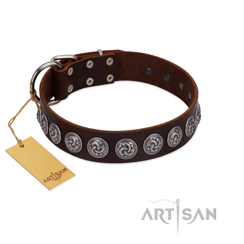 "Charming Circles" FDT Artisan Brown Leather Black Russian Terrier Collar with Silver-like Studs