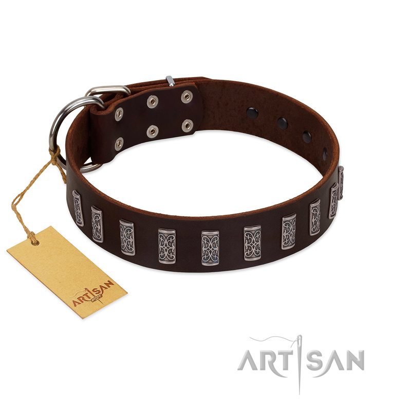 "Brown Lace" Handmade FDT Artisan Brown Leather Black Russian Terrier Collar for Everyday Walks