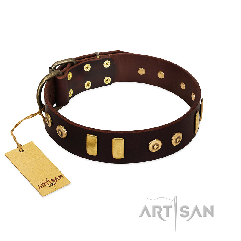 "Lord of Dogs" FDT Artisan Brown Leather Black Russian Terrier Collar with Old Bronze-like Dotted Studs and Tiles
