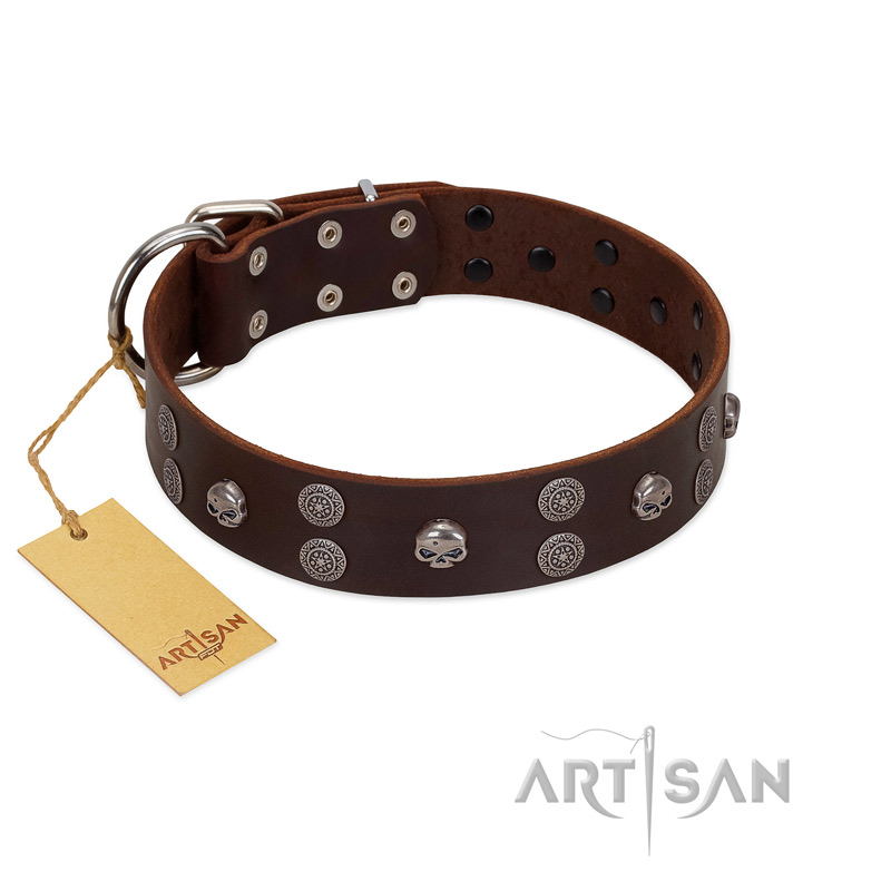 "Skull Valley" Handcrafted FDT Artisan Brown Leather Black Russian Terrier Collar with Skulls
