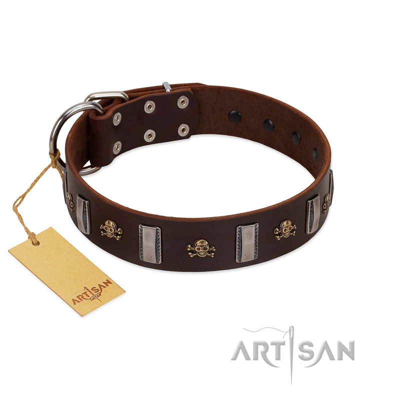"War Chief" FDT Artisan Genuine Brown Leather Black Russian Terrier Collar with Skulls and Plates