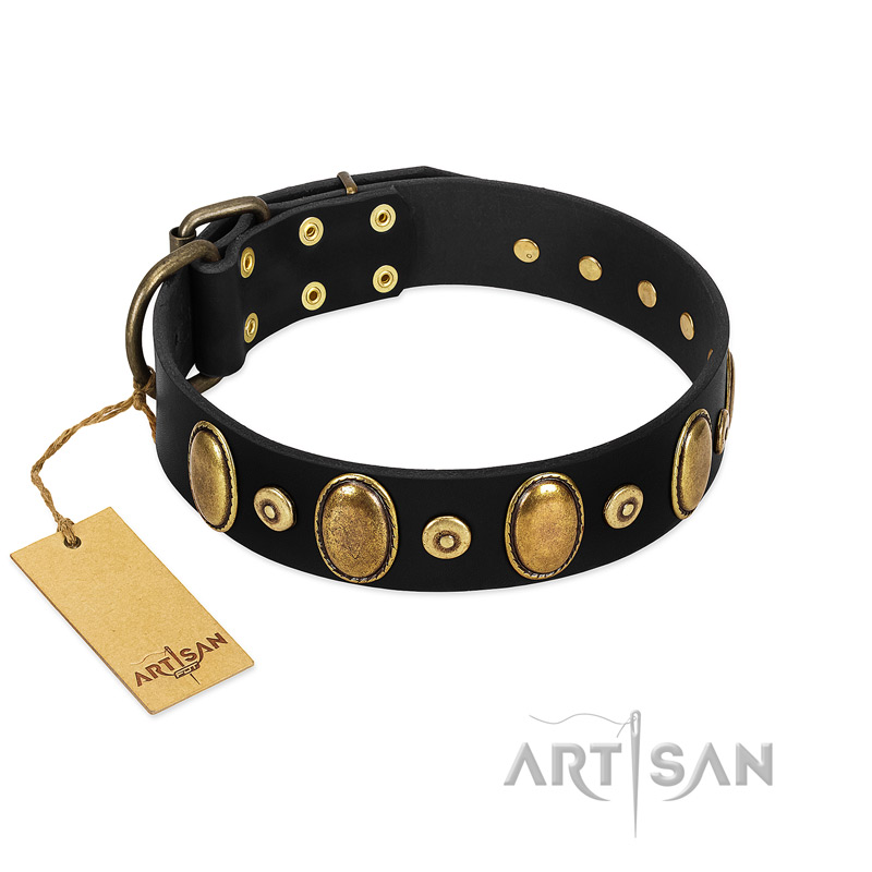"Venerable Pawty" FDT Artisan Black Leather Black Russian Terrier Collar with Old Bronze-like Ovals and Studs