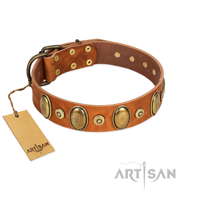 "Crystal Sand" FDT Artisan Tan Leather Black Russian Terrier Collar with Vintage Looking Oval and Round Studs
