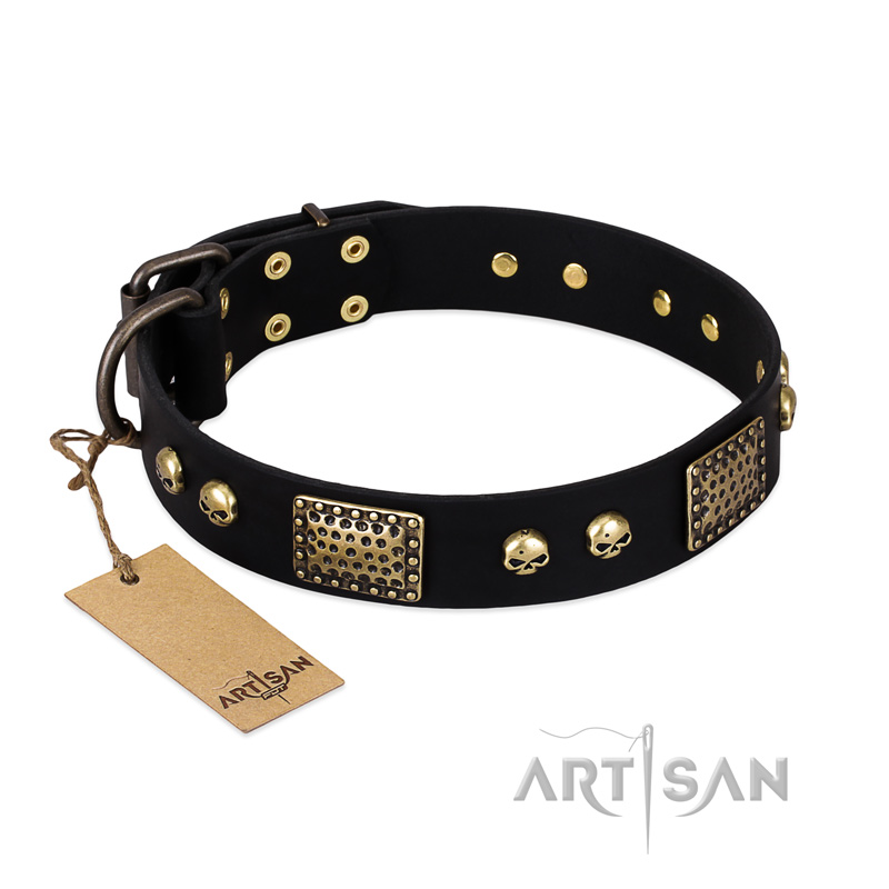 "Biker Style" FDT Artisan Black Leather Black Russian Terrier Collar with Old Bronze Look Plates and Skulls
