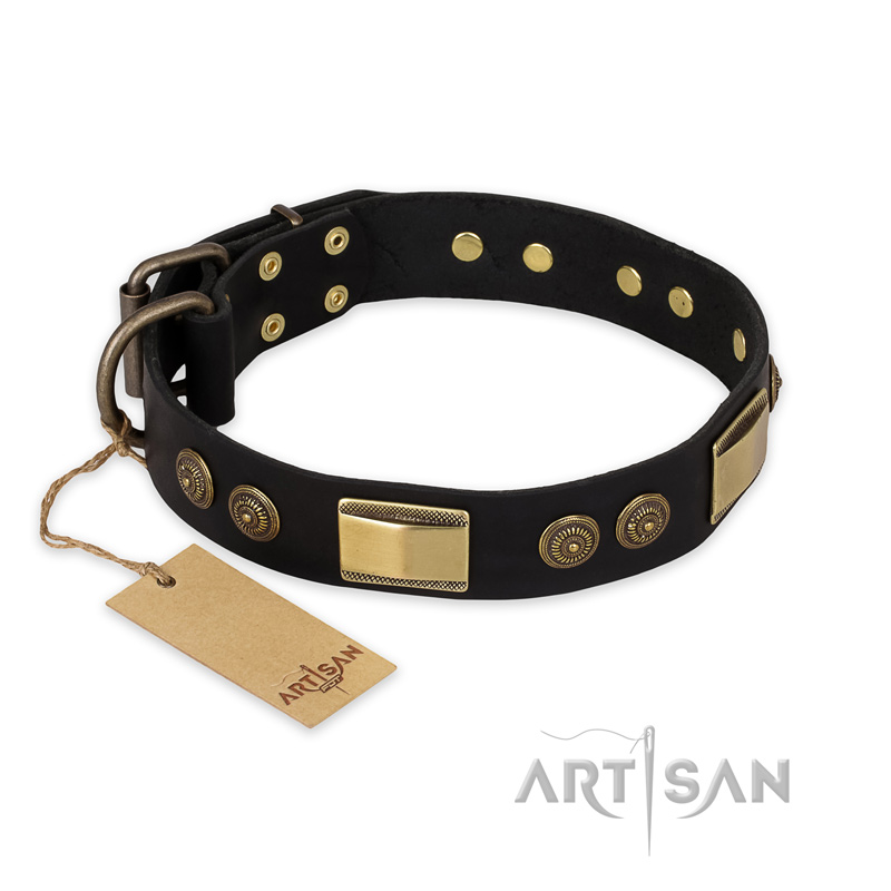 "Ancient Egypt" FDT Artisan Leather Black Russian Terrier Collar with Old Bronze Look Decorations