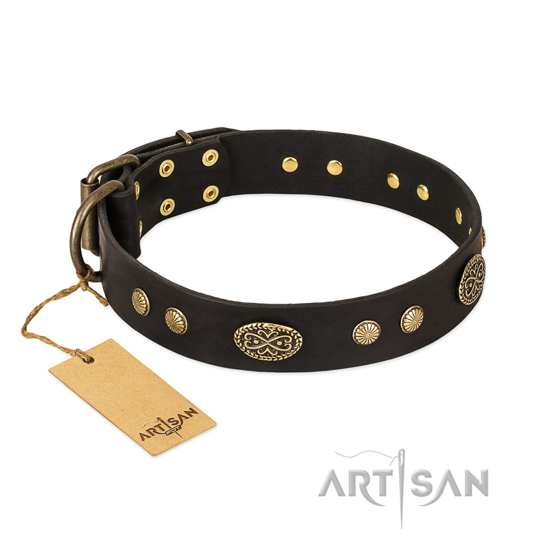 "Perfect Tracery" FDT Artisan Black Leather Black Russian Terrier Collar with Old Bronze Look Plates and Circles