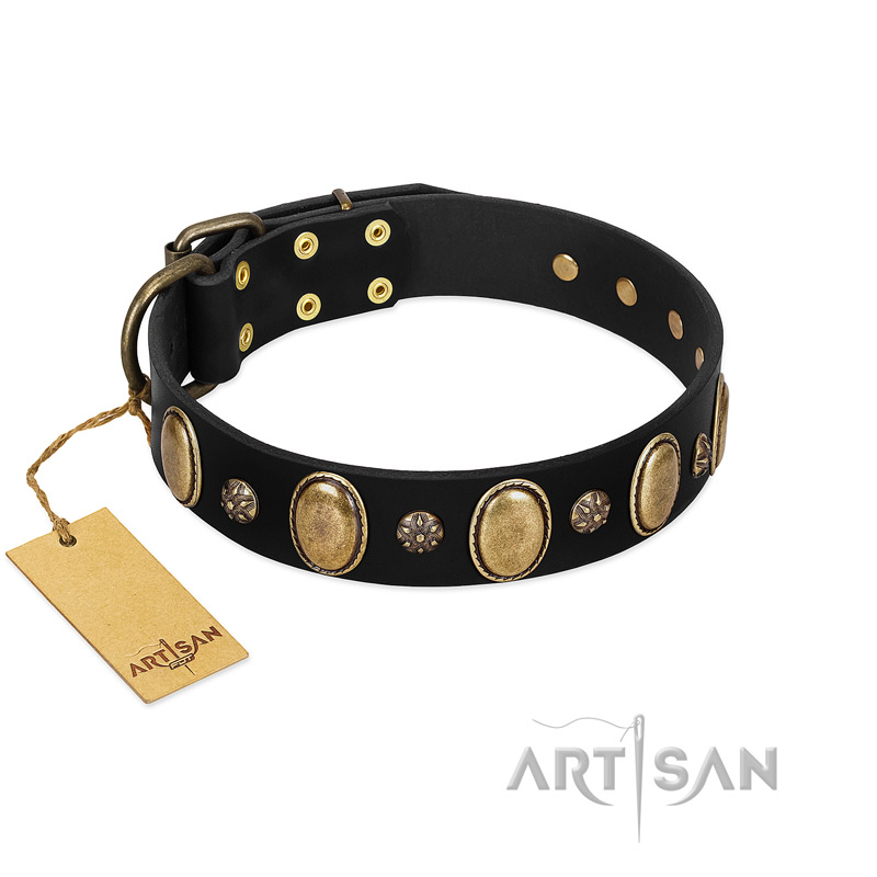 "Gilded Stones" FDT Artisan Black Leather Black Russian Terrier Collar with Old Bronze-like Ovals and Studs - 1 1/2 inch (40 mm)