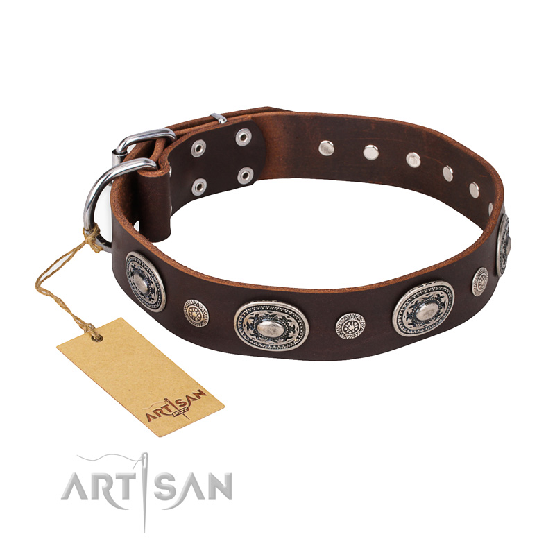 "Extra Pizzazz" FDT Artisan Adorned Brown Leather Black Russian Terrier Collar