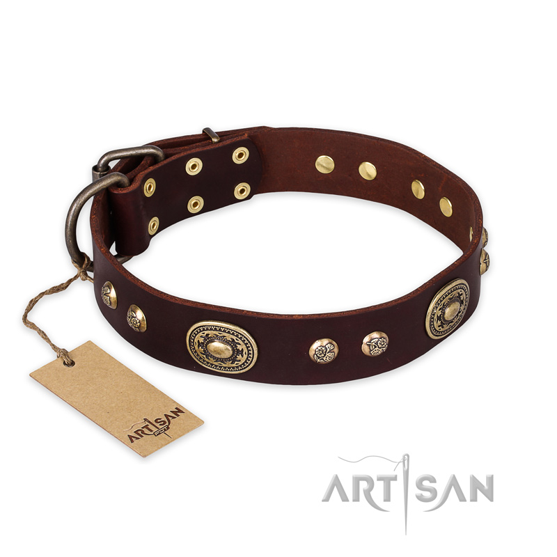 "Breath of Elegance" FDT Artisan Decorated with Plates Brown Leather Black Russian Terrier Collar