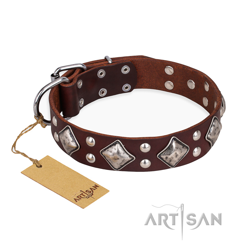 "King of Grace" FDT Artisan Stylish Leather Black Russian Terrier Collar with Old Silver-Like Plated Decorations