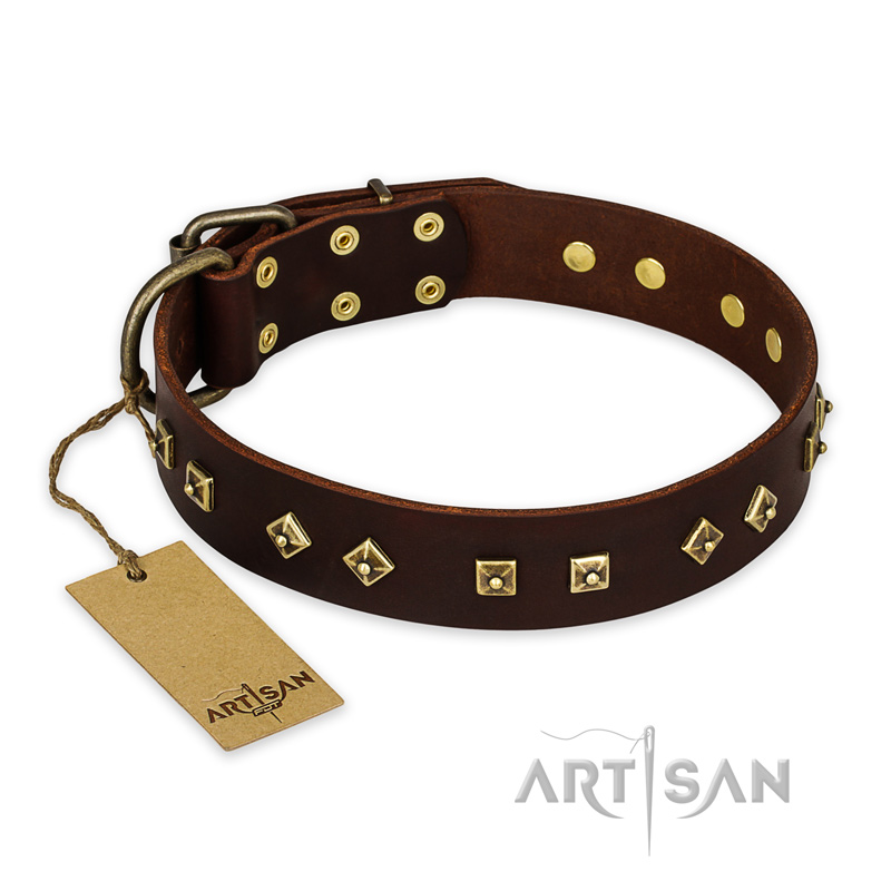 "Fashion Studs" FDT Artisan Decorated Leather Black Russian Terrier Collar with Old Bronze-Plated Steel Hardware