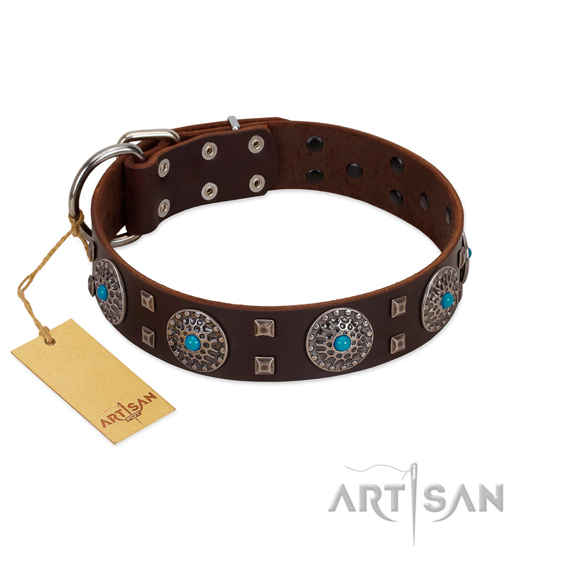 "Hypnotic Stones" FDT Artisan Brown Leather Black Russian Terrier Collar with Chrome Plated Brooches and Square Studs