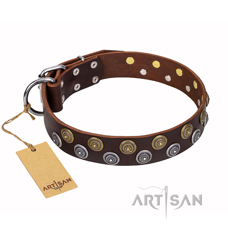 "Strong Shields" FDT Artisan leather Black Russian Terrier collar with stylish decorations