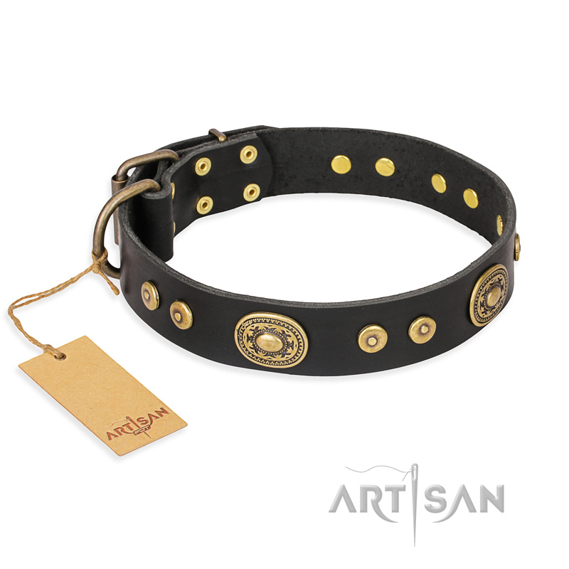 "Golden Radiance" FDT Artisan Black Leather Black Russian Terrier Collar with Old Bronze Look Ovals and Circles