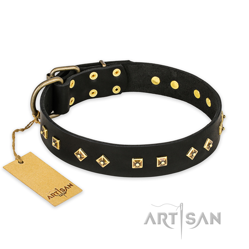 "Rhomb Style" FDT Artisan Decorated Leather Black Russian Terrier Collar with Old Bronze-Plated Studs 1 1/2 inch (40 mm) Wide