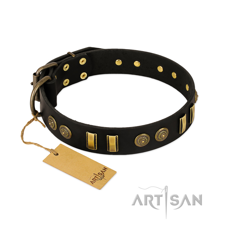 "Simple Elegance" FDT Artisan Black Leather Black Russian Terrier Collar with Old Bronze-like Plates and Circles