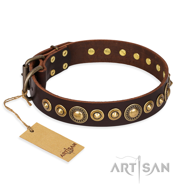 "Ancient Warrior" FDT Artisan Fancy Leather Black Russian Terrier Collar with Old-Bronze Plated Decorations
