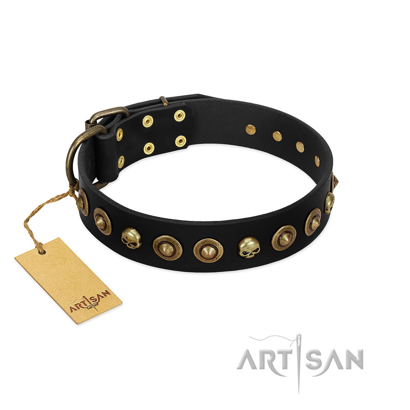 "Reckless Mutt" FDT Artisan Black Leather Black Russian Terrier Collar with Skulls and Brooches