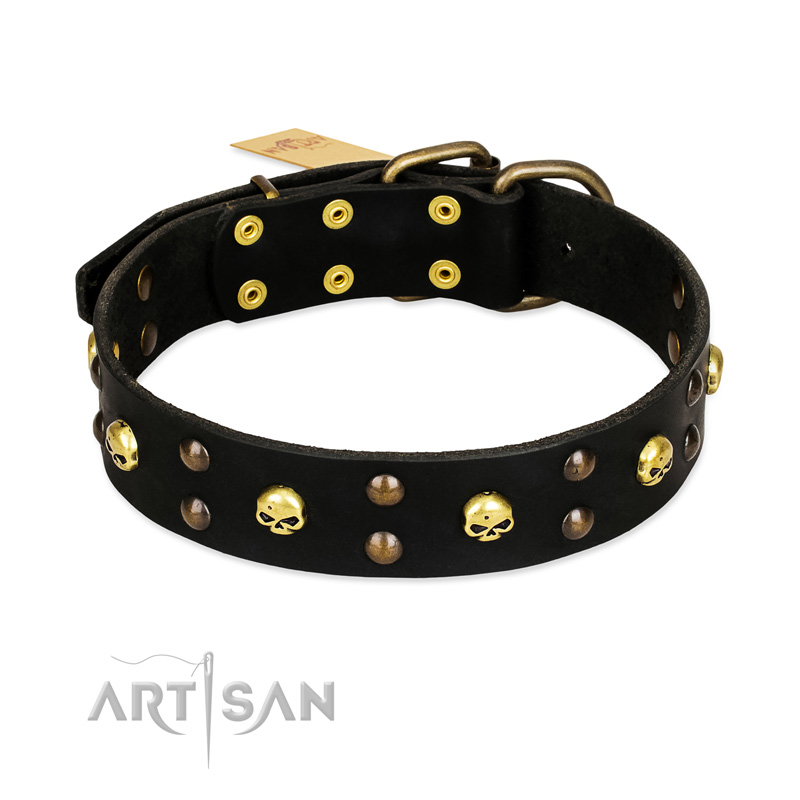 "Heavy Metal" Leather Black Russian Terrier Collar with Skulls and Studs 1 1/2 inch (40 mm)
